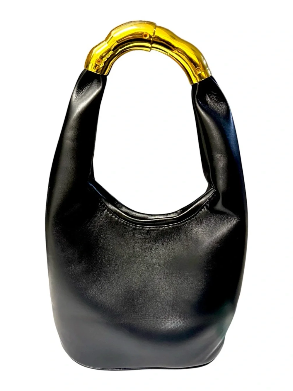 French Gilded Hard-Frame Black Vegan Leather Structural Shoulder Bag NEW